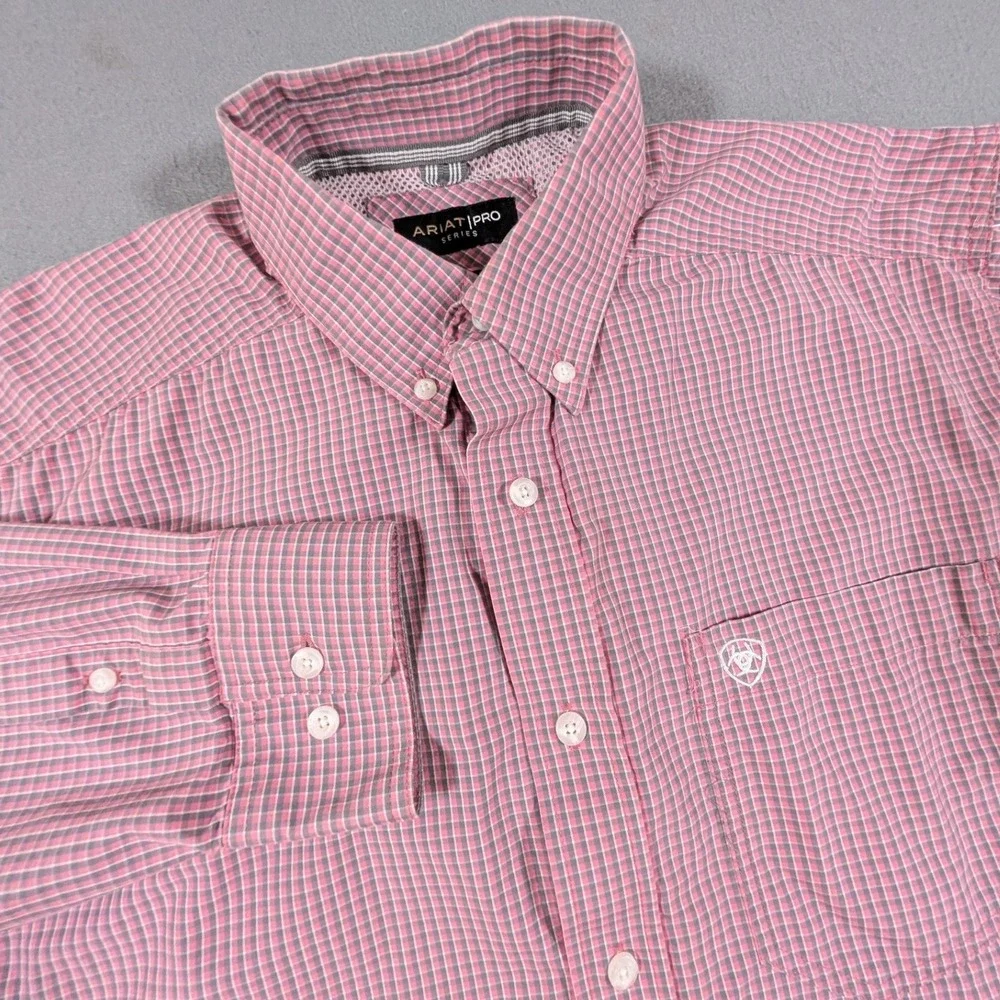 Ariat Pro Series Button Down Shirt Mens Medium Pink Grey Plaid Long Sleeve